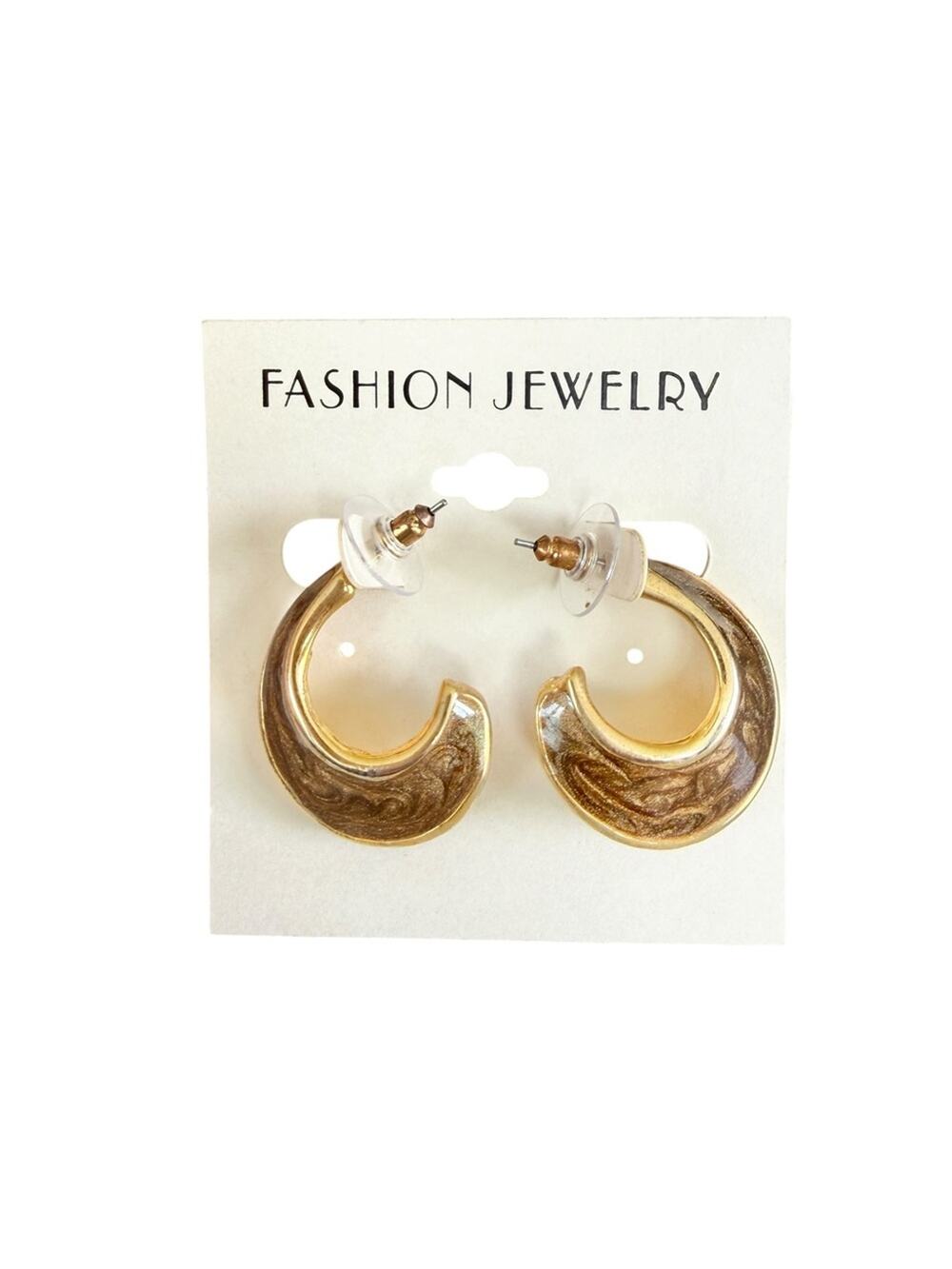 Vintage 90s Gold Tone Brown Swirl Enamel Hoop Earrings Chunky NWT NOS